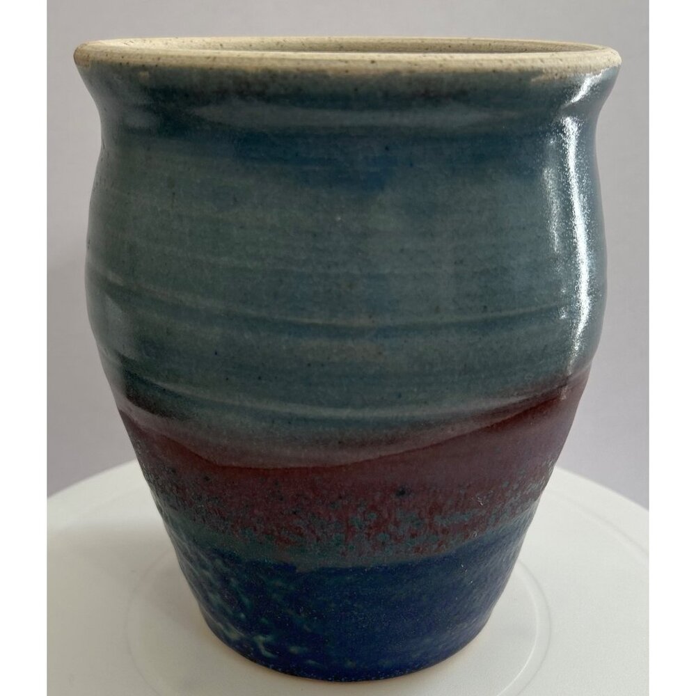 Handmade Pottery Vase Planter Abstract Glaze Blue & Burgundy Tones 7" Signed GT - Picture 3 of 9